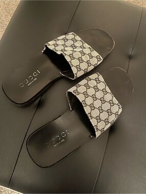 Gucci Monogram Canvas Slide Sandals in Beige and Black
